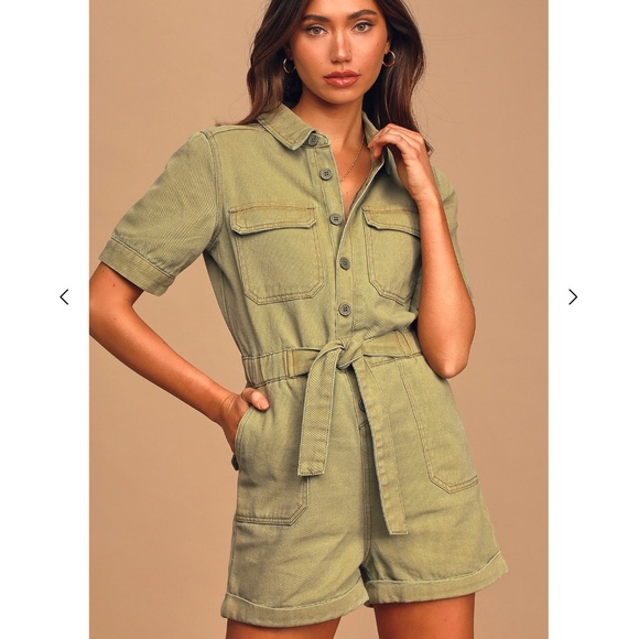 Lulus Olive Green Utilitarian Rumor Has It Denim Short Sleeve Button-Up Romper L - Picture 2 of 2
